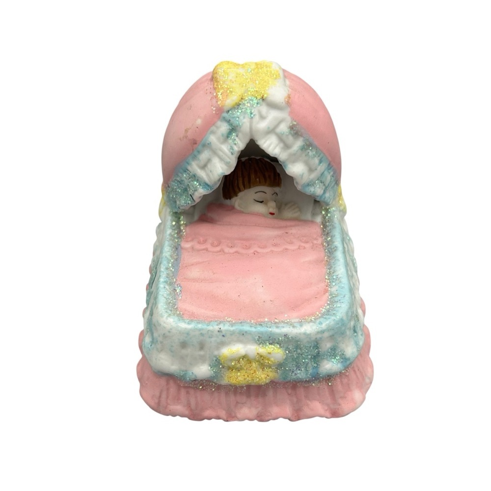 Vintage Ceramic Sleeping Baby Figurine in Bassinet Pastel Nursery Decor - Picture 2 of 7
